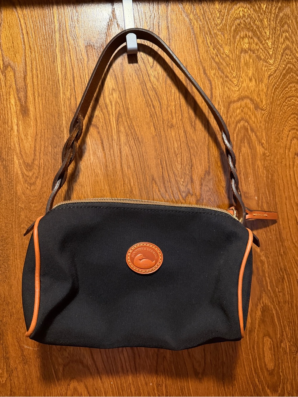 Dooney & Bourke Black Shoulder Bag with Brown Trim - red interior